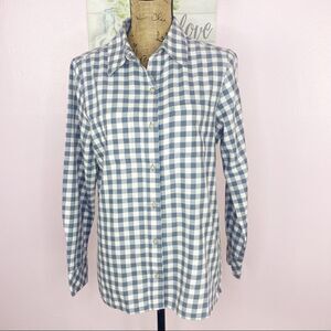 Chic Comfort Gingham Plaid Button Down Shirt Blue Ivory Small Long Sleeve